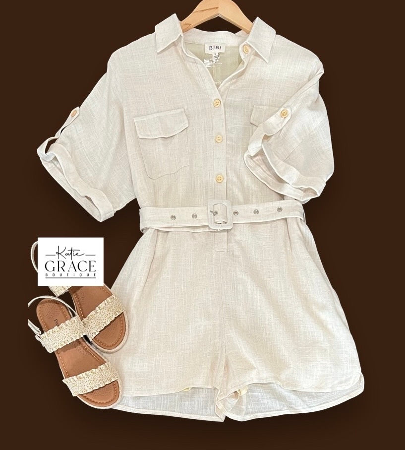 LAST ONE! "Renea" Linen Blend Romper - The Katie Grace Boutique