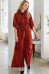 "Lauren" Satin Cargo Jumpsuit - The Katie Grace Boutique
