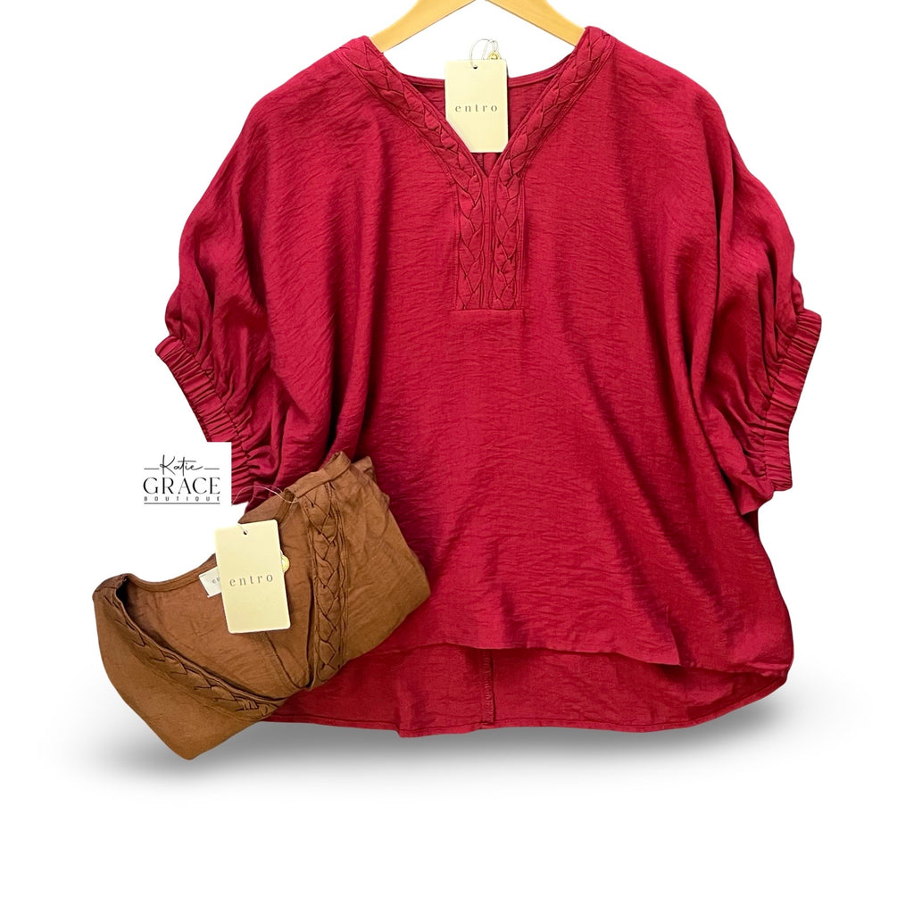 "Jessica" Braided Detail Blouse, 2 colors - The Katie Grace Boutique