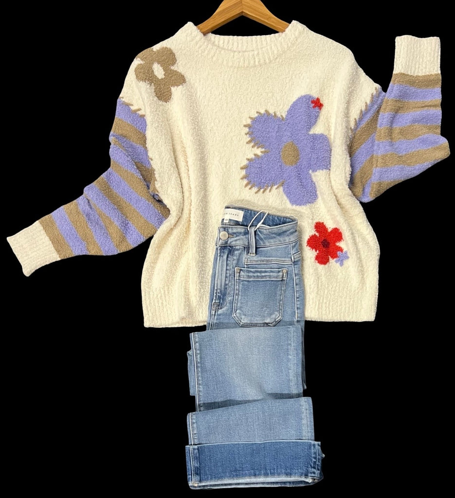 "Darla" Stripe and Flower Sweater - The Katie Grace Boutique