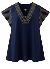 "Amelia" V neck Blouse, Navy - The Katie Grace Boutique