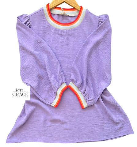 "Sara" Stripe Detail Blouse, Lavender - The Katie Grace Boutique