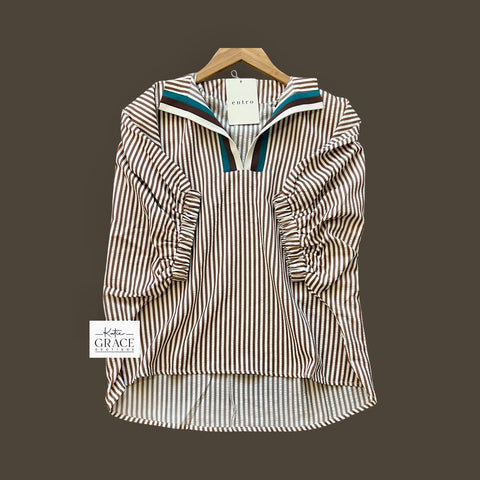 "Trista" Striped Blouse, Mocha +Teal - The Katie Grace Boutique