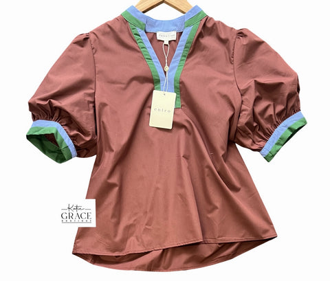 "Mindy" Puff Sleeve Blouse, Chocolate - The Katie Grace Boutique