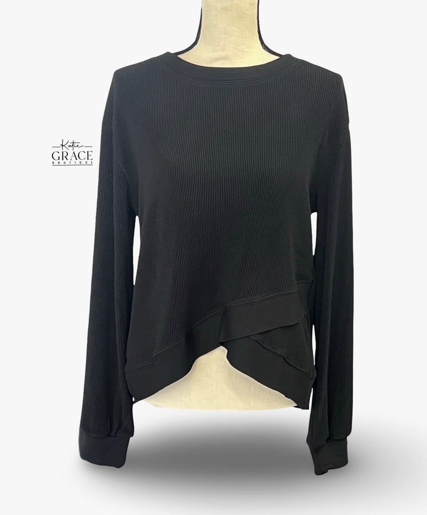 "Leesha" Ribbed Crossover Hem, Black - The Katie Grace Boutique