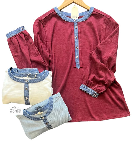 "Zoe" Henley with Denim Trim, 3 colors - The Katie Grace Boutique