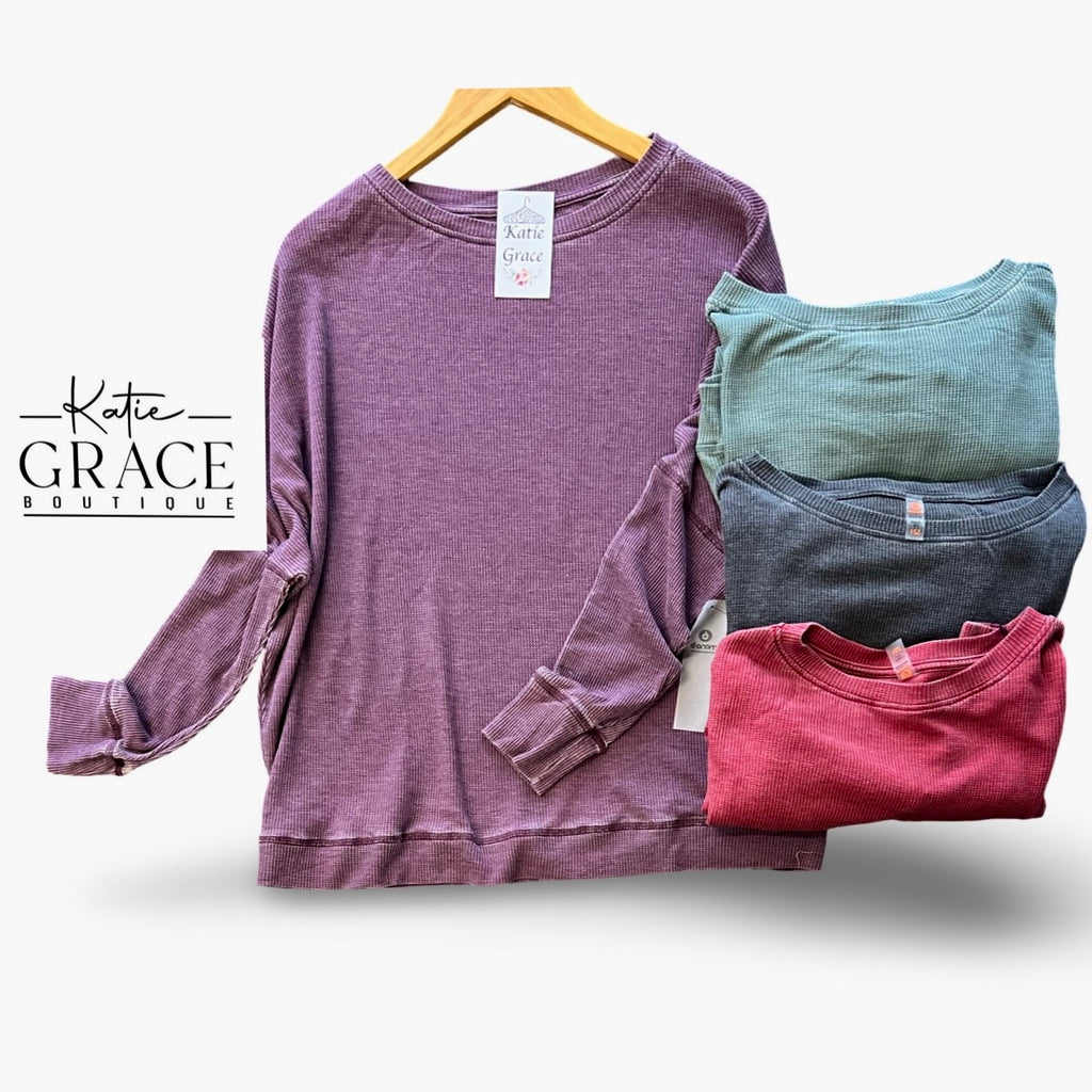 "Jessica" Thermal Mineral Washed Top, 4 colors - The Katie Grace Boutique