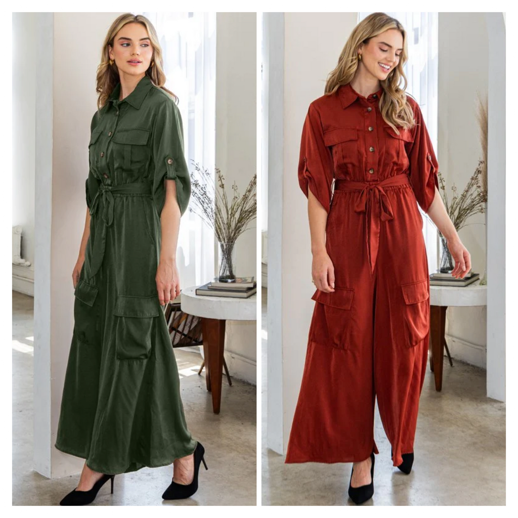 "Lauren" Satin Cargo Jumpsuit - The Katie Grace Boutique