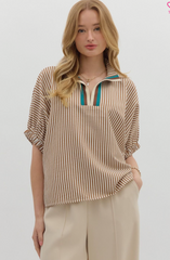 "Trista" Striped Blouse, Mocha +Teal - The Katie Grace Boutique