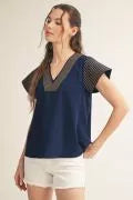"Amelia" V neck Blouse, Navy - The Katie Grace Boutique